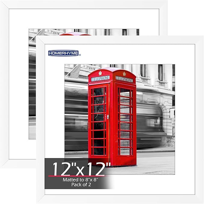 12x12 Picture Frame 2 Pack, White Photo Frames Collage for Wall Hanging, 12 x 12 Square Wall Gallery Poster Frame with Clear Plexiglass, Display Pictures 8x8 with Mat or 12x12 Without