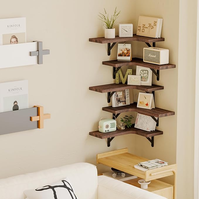 Fixwal Floating Shelves for Wall, Rustic Wood Wall Mounted Corner Shelf for Bathroom, Kitchen, Bedroom, Home Decor, Laundry Room, Living Room, Set of 5 (Walnut Brown)