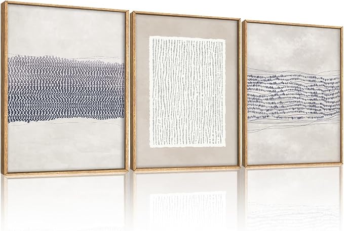 HOURIA Blue White Abstract Neutral Framed Canvas Wall Art Set,Minimalist Boho Waves Lines Wall Decor,Modern Geometric Shapes Print,Mid Century Grunge Artwork for Living Room,Bedroom,Office- 12"x16"x3