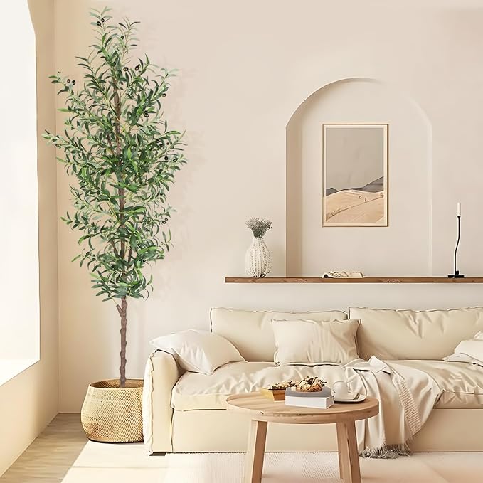 Artificial Olive Tree, 8FT Tall Faux Olive Trees 96in Outdoor Fake Potted Silk Plant with Trunk and Realistic 1574 Leaves and 48 Fruits for Modern Office Home Decor Indoor（1pack）