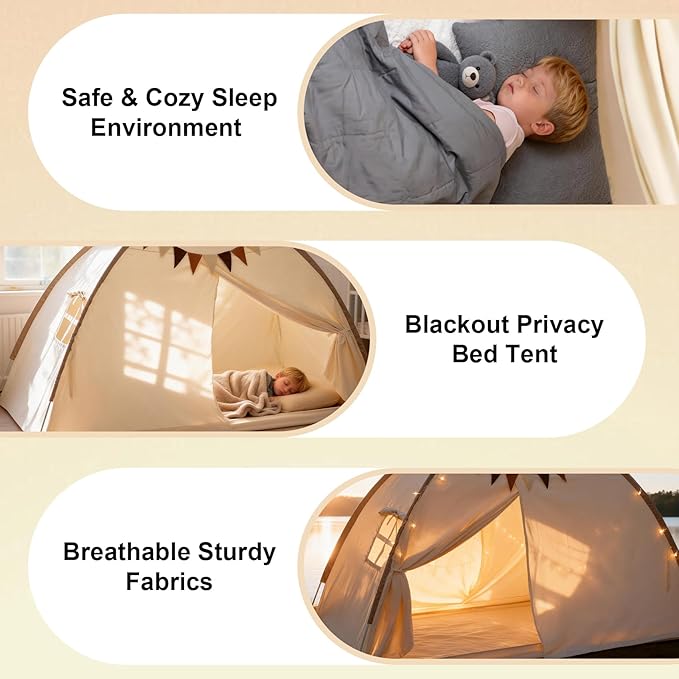 Full Bed Tent Canopy, Indoor Blackout Privacy Toddler Bed Tent for Kids with Light, Portable Sleeping Floor Kids Playhouse (Cream, Full Size)
