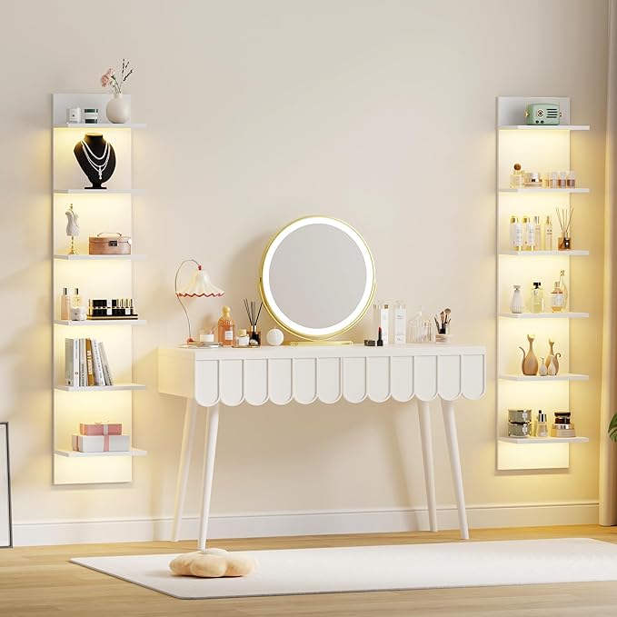 Qupui 6 Tier Wall Shelf Unit with LED Light, Floating Storage Home Decor Organizer Shelving for Bedroom Living Room, White