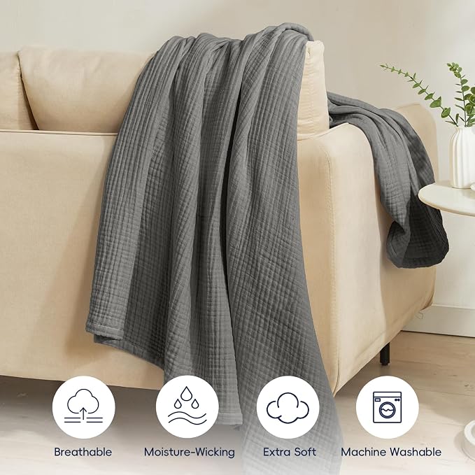 PHF 100% Cotton Muslin Blanket Twin XL Size 66"x90", 4-Layer Lightweight Gauze Throw, Breathable Cloud-Soft Minimalist Blanket for Bed, Couch, Camping & Baby, Greyish Black, Ideal Gift