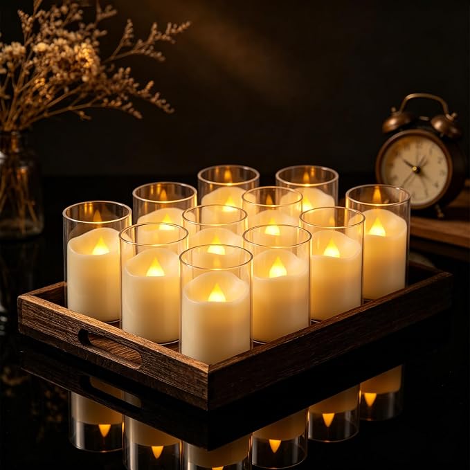 fclayvts 24 Pack Flameless LED Candles with Clear Glass Holder, Battery Operated Real Wax Tea Lights with Remote & Timer, Flickering Warm Light Fireless Votive Candles for Home Wedding Holiday Decor