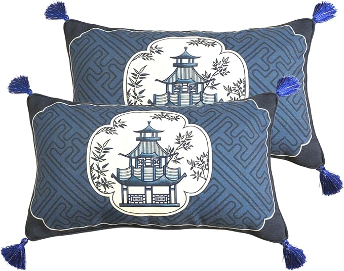 bilin gaier Designer Linen Throw Pillow Covers,20"x12" Set of 2-Suqing B | Chinoiserie Elegant Rectangular Blue Pillow Cover,Concealed Zipper,Sofas,Bedroom,Living Room,Dining,Lounge Chairs