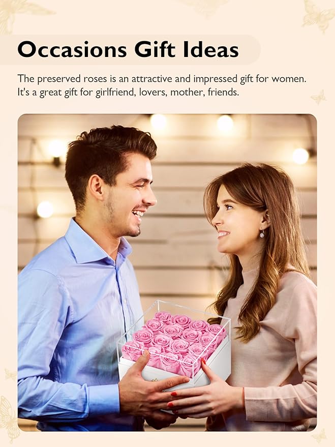 Eterfield Forever Flowers Preserved Roses Real Roses That Last Over a Year Rose Box Gifts for Her Mothers Day Valentines Day Christmas (Square White Box with Drawer, 16 Pink Roses)
