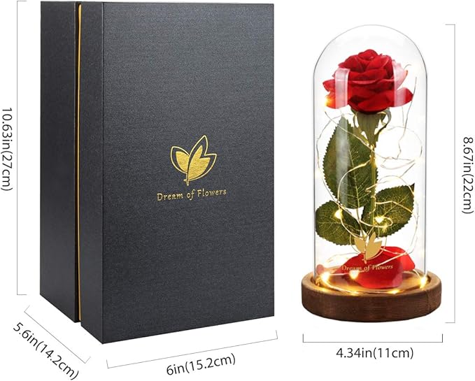 Beauty and The Beast Rose, Valentines Day Gifts for her, Birthday Gifts for Women, Red Rose for Mom Grandma, Eternal Rose in Glass Dome with LED Lights, Valentine Flowers Gift for Wife, or Girlfriend