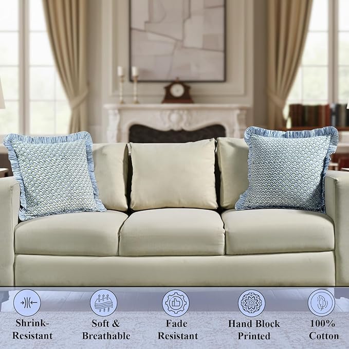 Ridhi Block Print Hand Fan Harmony Throw Pillow Cover 18" x 18" (Pack of 2) Decorative Cushion Covers with Ruffle for Couch, Sofa, Bed, Living Room, Home Decor Gift for Spring, Easter, Valentine