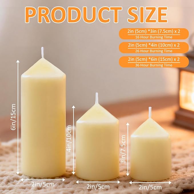 6 Pcs Ivory Pillar Candles Bulk Set, 3 Different Lengths 2 x 3/4/6 Inch (2 Each), Dripless Unscented Smokeless,Hurricane Candles,Gives You a Better Atmosphere When Organizing an Event Party.