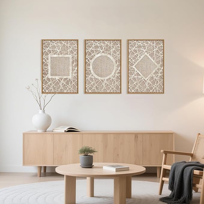 Large Abstract Boho Neutral Shapes Framed Canvas Wall Art,Modern Geometric Circle Square Rhombus Wall Decor,Mid Century Artwork for Living Room,Bedroom,Office-16 x24 x3