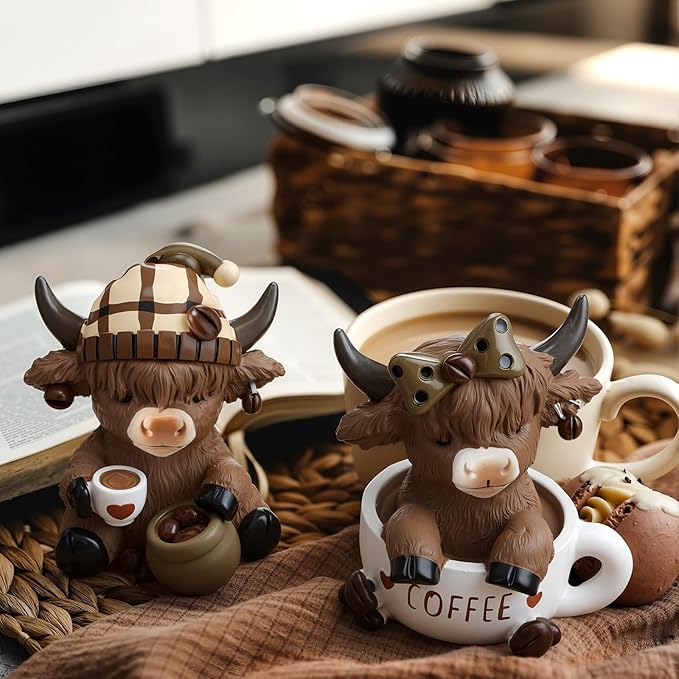 Wesiti 2 Pcs Coffee Highland Cow Figurines Decor, Coffee Cow Desk Decorations Gnomes Scottish Resin Statue Calf for Home Garden Kitchen Office Tiered Tray Table