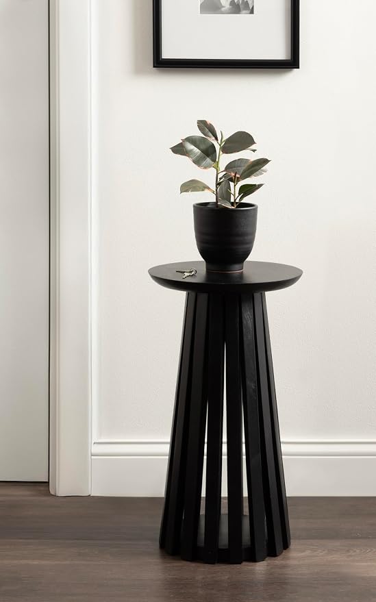 Kate and Laurel Klarc Modern Slatted Wood Round Drink Table, 12 x 12 x 22, Black, Circle Pedestal Table for Use as Bedroom Nightstand, Indoor Plant Stand, or Decorative Living Room Accent