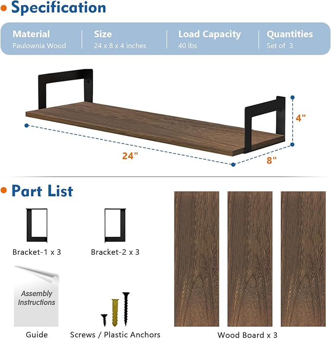 Harwaya Floating Book Shelves for Wall 3-Pack, 24 Inch Long Wall Mount Bookshelf for Bedroom, Rustic Farmhouse Wood Hanging Bookshelves for Living Room Office Books Plants (Dark Brown)