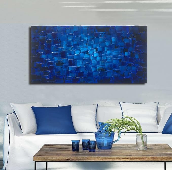 MyArton Large Abstract Dark Blue Square Wall Art Hand Painted Textured Oil Painting on Canvas Ready To Hang 60x30inch