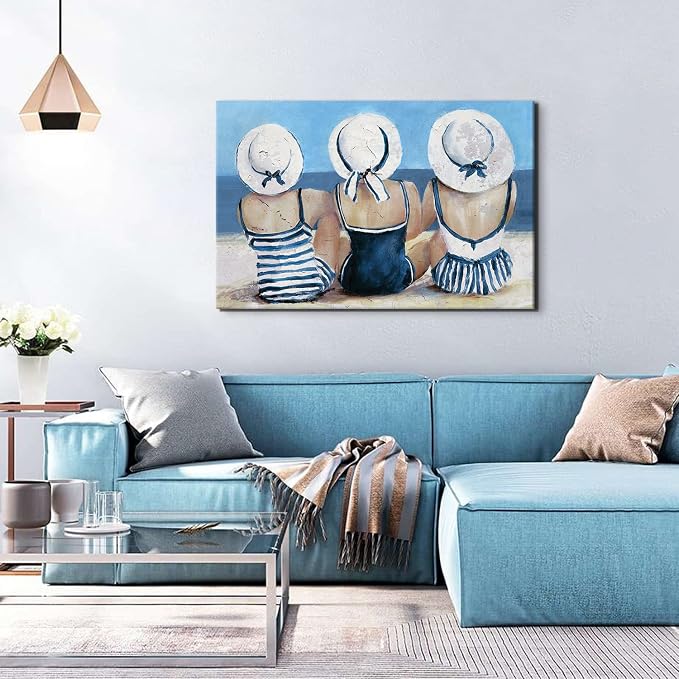 Coastal Beach Girls Wall Art Vintage Ocean Pictures Beach Wall Decor for Bathroom Bedroom Navy Blue and White Swimsuit Canvas Paintings Girl Friends Sun Bathing Artwork Living Room Home Decoration