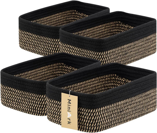 Small Storage Baskets for Organizing | Closet Organizer Bins | Shelf Toy Basket | Woven Rope Baskets | Cube Decorative Box | Shallow Basket | 11.5x7.5x4.7” | 4 Packs Black Brown