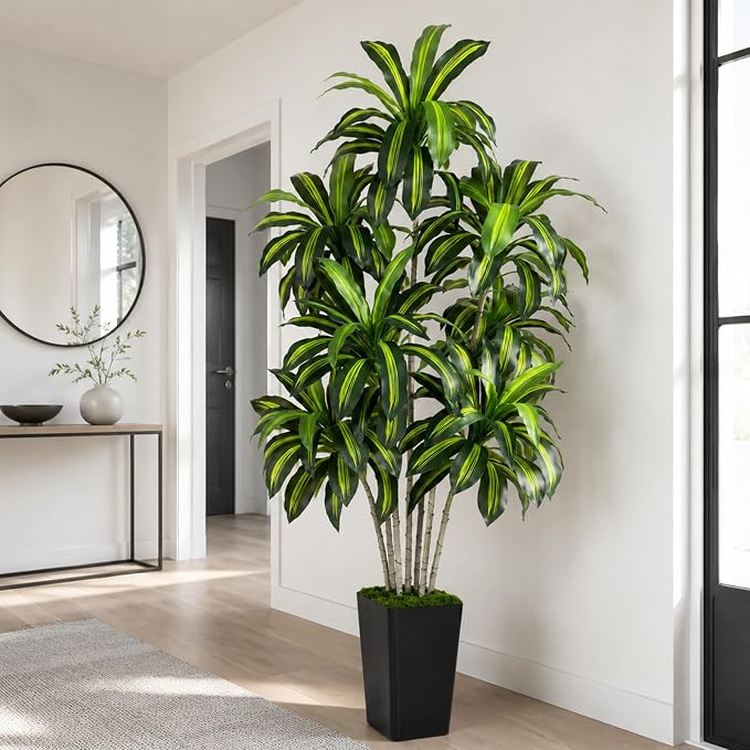 Dracaena Plant Artificial Tree 7Ft Tall Fake Tropical Floor Plants Potted (Real Touch) Artificial Silk Tree Leaf Faux Trees Black Tall Planter for Home Office Living Room Indoor Outdoor Decor