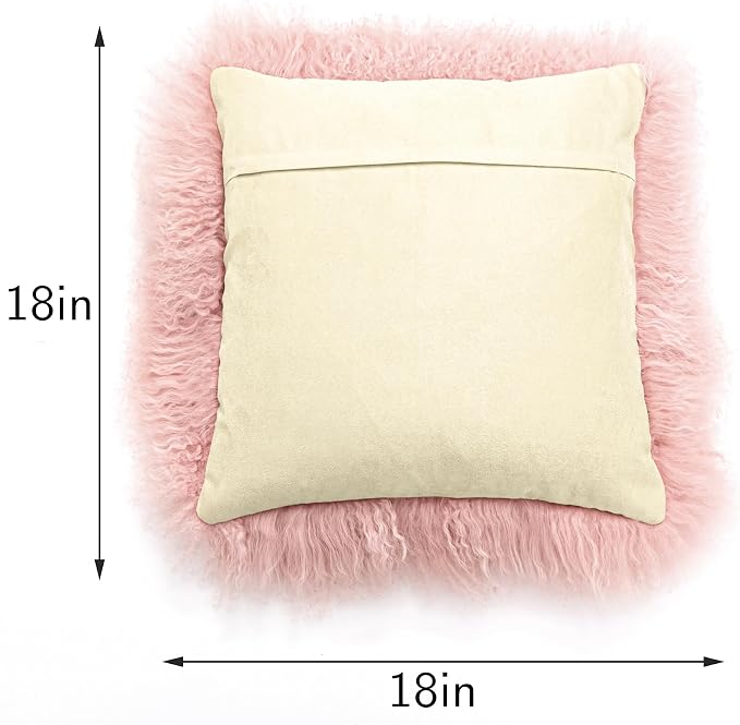Real Tibetan Mongolian Lamb Fur Throw Pillow Cover Sheepskin Wool Fur Decorative Pillow Case Cushion Cover, Pink, 18''x18''