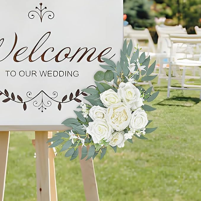 Wedding Arch Faux Flowers Set of 2, Wedding Welcome Signs Greenery Garland Decoration for Ceremony, Reception, Backdrop (White)