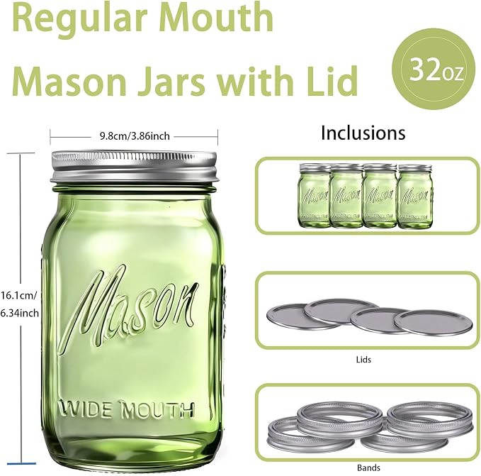 Rubtlamp Green Mason jar 32 oz, 12 Pack Glass Jars - Wide Mouth Mason Jars with Airtight Lids for Pickling, Fermenting, Food Storage&DIY Crafts, Microwave & Dishwasher Safe