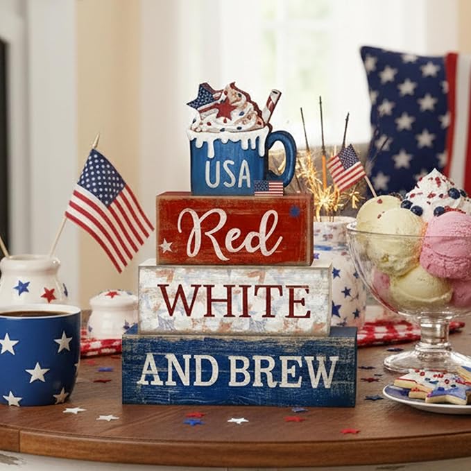 CroBlissful 4 Pcs 4th of July Decorations Patriotic Memorial Day Tabletop Decoration Red White Blue Table Centerpieces USA Coffee Sign for Office Tiered Tray Home Shelf 250th Anniversary