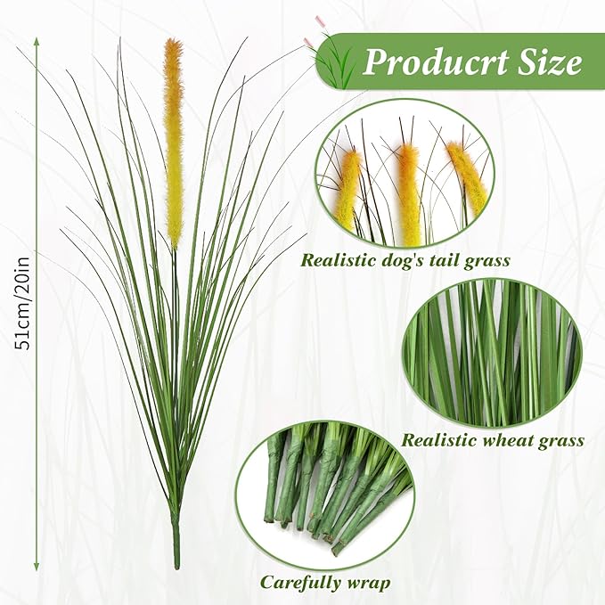 24PCS Artificial Yellow Dog Tail Grass Onion Grass UV Resistant Outdoors Faux Shrubs Ornamental Wheat Grass Cattails Faux Bushes Home Decor for Outdoor Garden