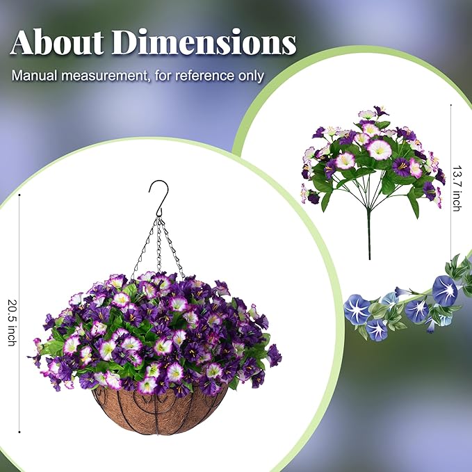 Ammyoo Artificial Hanging Flowers 12 inch Basket, Faux Silk Petunias Flower Arrangement,Coconut Lining Pot Planter with Morning Glories Patio Garden Porch Deck Spring Summer Decor(Purple Edge)