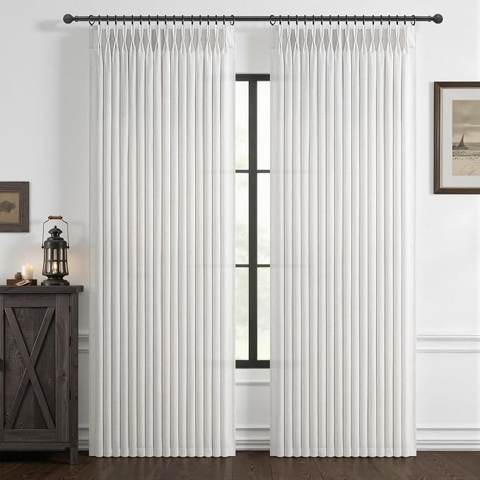 Off White 60 Inch Wide Bedroom Sheer Curtains 90 Inches Long 1 Panel, Memory Shape Pinch Pleat Natural Linen Light Filtering Country Window Curtain & Drapes for Sliding Glass Door 60"W x 90"L