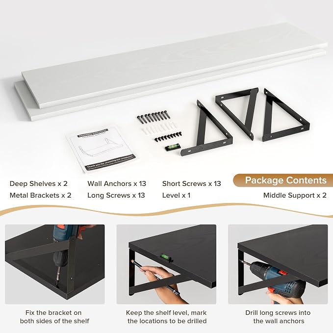 Acovy Deep Floating Shelves Wall Mounted, 55"x12" White Wall Shelves with Brackets Set of 2 for Bedroom, Living Room, Bathroom, Kitchen, Office - Storage & Display Shelf for Decor, Books, Plants