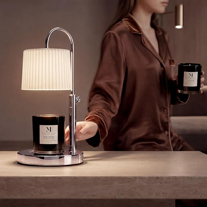 Dimmable Glass Candle Warmer Lamp with Timer - Adjustable Height Candle Lamp Warmer with Timer (8H/4H/2H) - Wax Melter - Ideal Gift, fits Various Size Scented Candles - 02 Bulb - (Silver Chrome)
