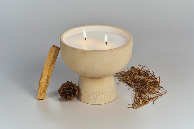 Blueme Spiritual Candle | Palo Santo & Vetiver | 2 Wick - Refillable Wellness Candle with Essential Oils, Hand Finished & Poured Soy Wax Blend Ceramic Vessel, Natural Cotton Wicks | Medium 12 oz