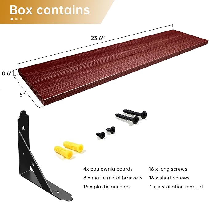 ROMGUAR CRAFT Wood Floating Shelves Set of 4, Rustic Storage Decor Wall Shelves, Wall Mounted Shelf for Living Room, Bedroom 23.6" x 6", Red