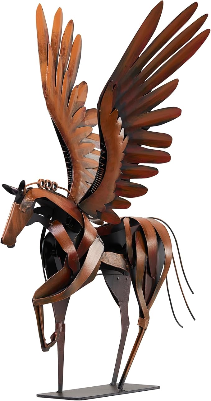 SunBlogs Art Horse Statue Décor Artwork, 24" H Handmade Metal Pegasus Greek Flying Horse Sculpture, Hand-Painted Animal Figurines for Home Living Room Office (Brown with Wings)