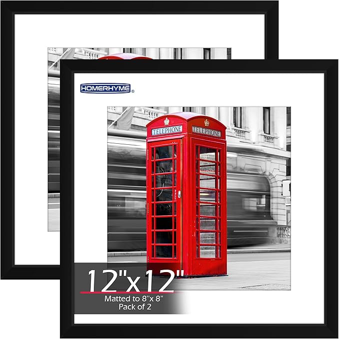 12x12 Picture Frame 2 Pack, Black Photo Frames Collage for Wall Hanging, 12 x 12 Square Wall Gallery Poster Frame with Clear Plexiglass, Display Pictures 8x8 with Mat or 12x12 Without