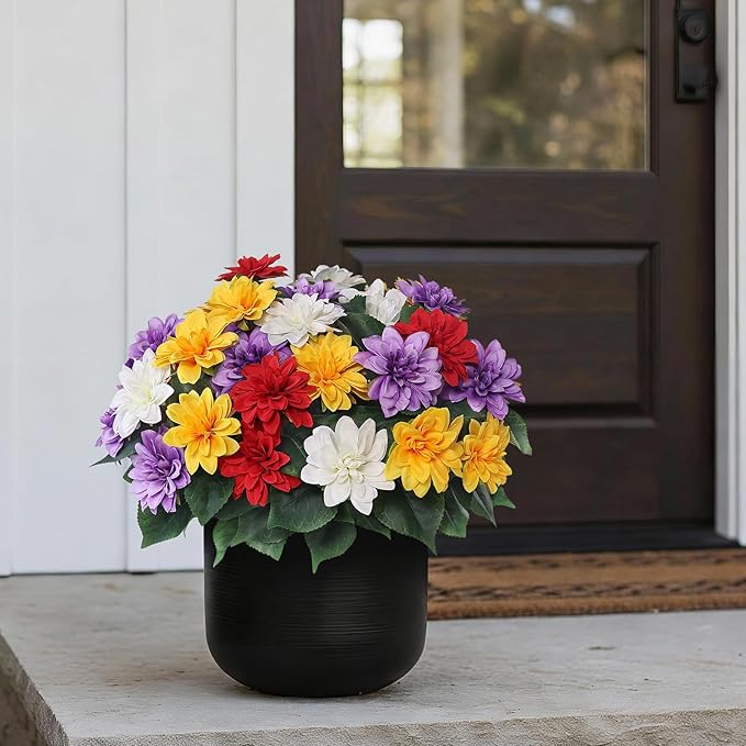 VIERENA 16 Bundles Artificial Dahlia Flowers for Outdoors Spring Summer Decor, No Fade Silk Flower Faux Dahlias Plant Arrangement for Home Garden Balcony Farmhouse（Mixed Color）