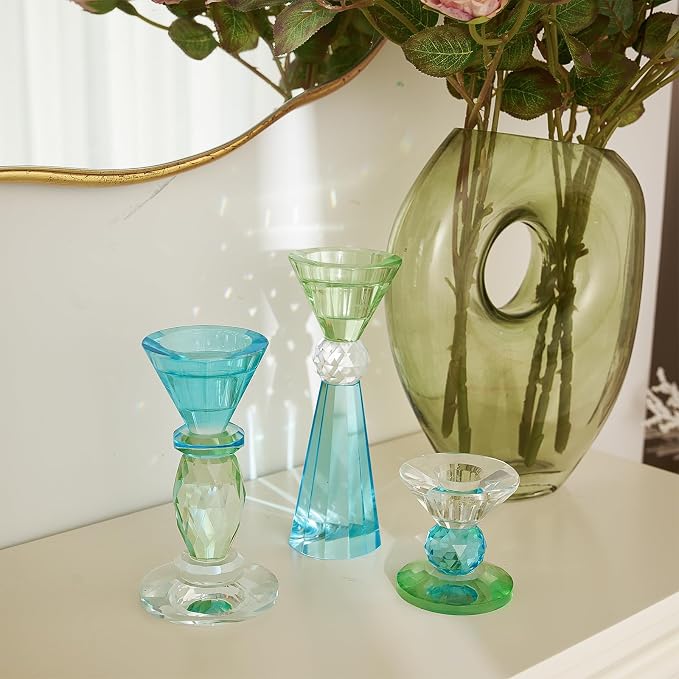 DN DECONATION Glass Candle Holder, Blue Clear Crystal Candlesticks Holders | Set of 3, Crystal Tealight Candles Holder for Table Centerpiece Wedding Decorations Housewarming Gift Living Room Party