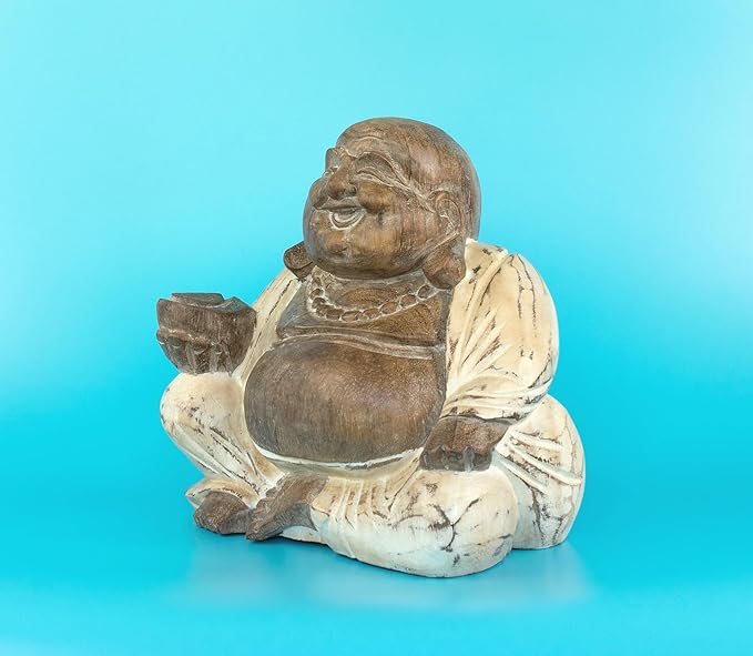 G6 Collection 8" Wooden Whitewashed Laughing Happy Buddha Statue Hand Carved Smiling Sitting Sculpture Handmade Figurine Decoration Home Decor Accent Handcrafted Art Happy Buddha (White Washed)