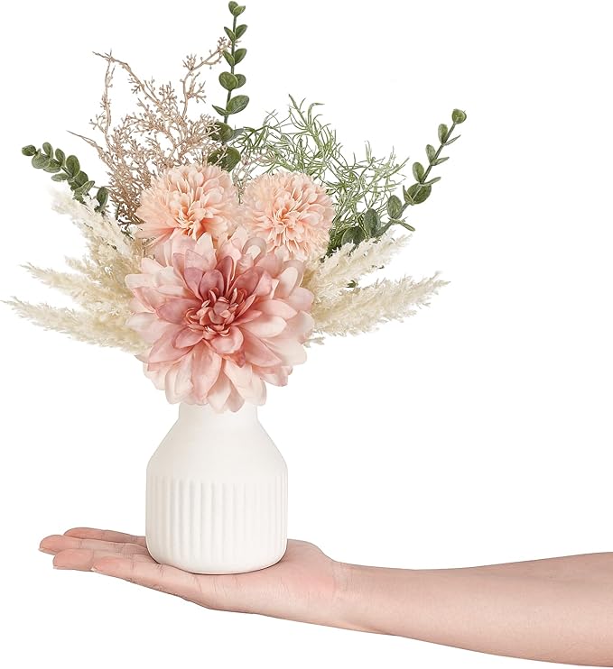 Mkono Small Artificial Flowers in Ceramic Vase 12.5" Centerpieces Coffee Table Decor, Silk Flower Arrangements for Home Decor Indoor Fake Flower Bouquet for Bathroom Dining Room Kitchen Wedding Pink