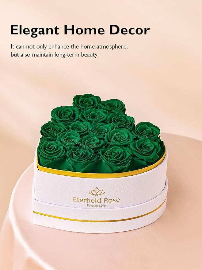 Eterfield 16 Forever Flowers in Heart Shape Box, Preserved Roses That Last a Year Preserved Flowers Birthday Gifts for Her Mom Women Wife Anniversary Valentines Day Mothers Day Christmas, Green
