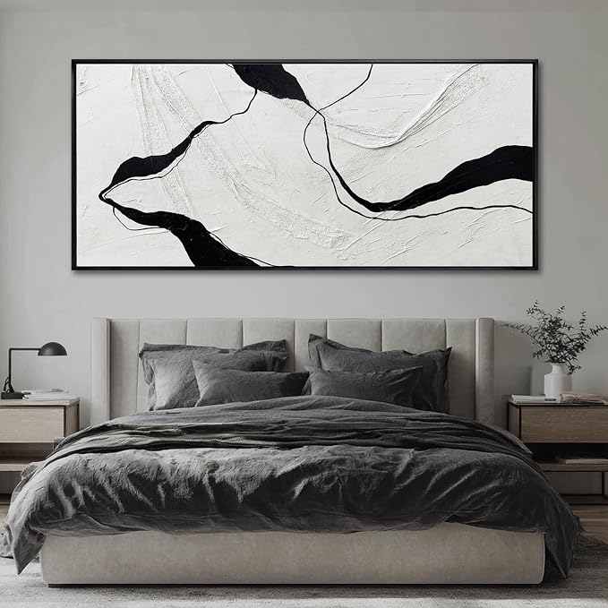 MLART99 Abstract Black and White Textured Canvas Minimalist Wall Art Modern Monochrome Painting - 32x70 Inch Contemporary Decor for Living Room Entryway
