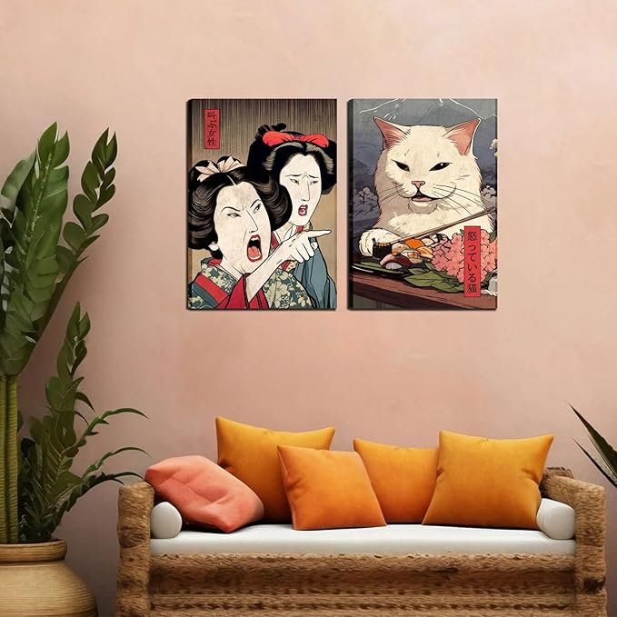 Funny Anime Posters Japanese Decor Set of 2 - Woman Yelling at Cat Canvas Wall Art, Vintage Anime Cat Wall Decor for Living Room, Corridor, Kitchen Home Decor - 16x24 in Framed