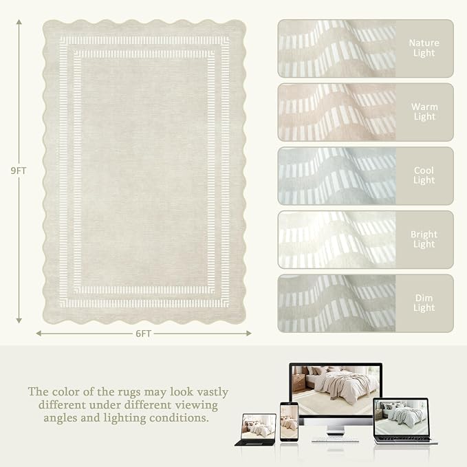 Washable 6x9 Area Rugs for Living Room, Solid Ivory Ultra-Thin Bedroom Rug Non-Slip Dining Room Rugs, Soft Scalloped Carpet for Nursery Kids Room Office