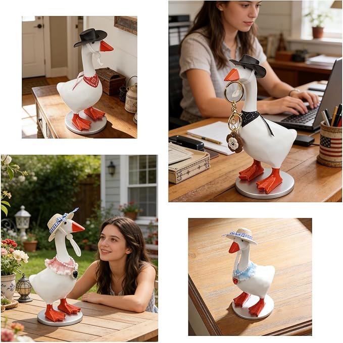 Desk Mini Goose Key Holder 7 inch with 4 set Outfits, Desktop Magnetic small Proch Goose Resin Statue, Cute Figurines Keychain Hanging, Table Decor for Home house Office Bedroom, Housewarming Gifts