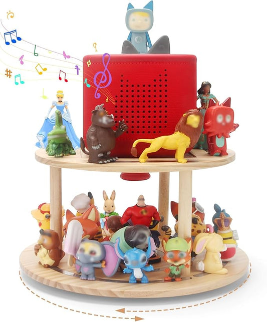 360° Rotating Storage Shelf for Toniebox1/2, 2-Tier Organizer Holder for 20~30 Tonies Figures, Wooden Magnetic Stand Display for Tonie Box Characters Tonieplay Game Controller