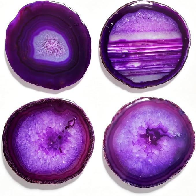 Crystal Cup Mats for Drinks Agate Geode Coaster Set of 4 with Rubber Bumpers 3-4'' Purple Sliced Cup Coaster for Family Bar Party Home Decoration Gift