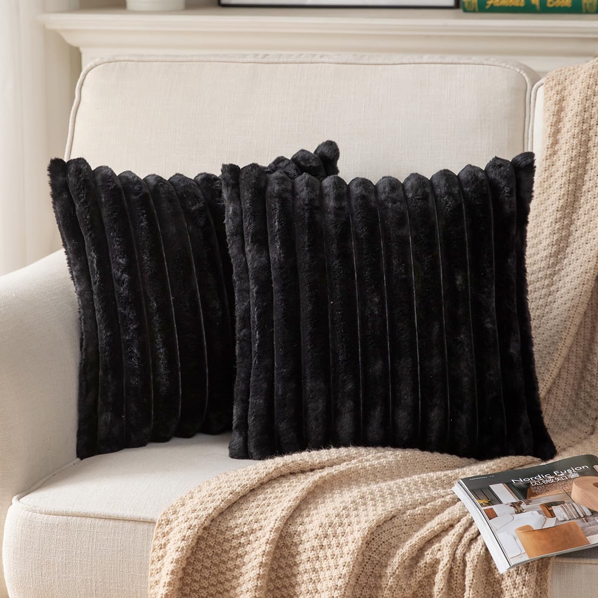 DEELAND Pack of 2,Double-Sided Faux Fur Plush Decorative Throw Pillow Covers Fuzzy Striped Soft Pillowcase Cushion Covers for Sofa Couch Bedroom Black 18x18 inch