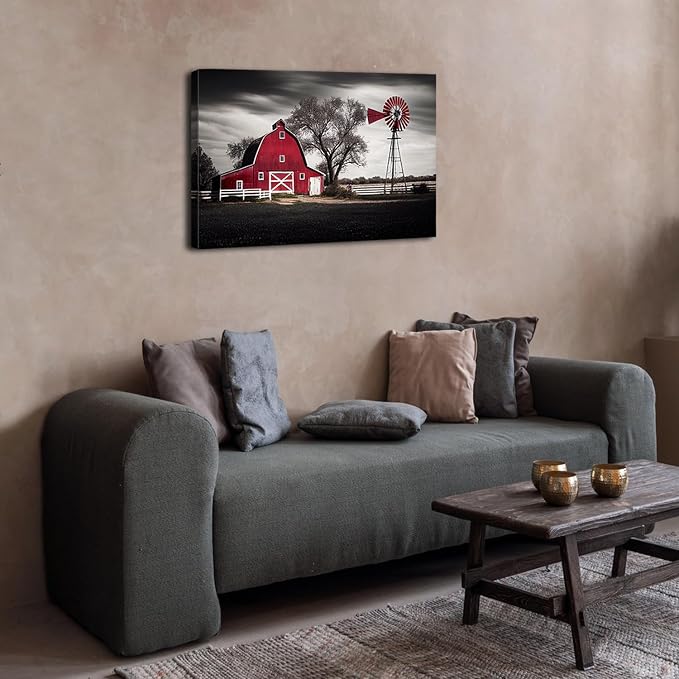 Black and White Barn Canvas Wall Art Farmhouse Nature Landscape Windmills Picture for Living Room Decoration Country Farm Red Barn Framed Painting Rustic Print Artwork Bedroom Modern Home Decor 20x30