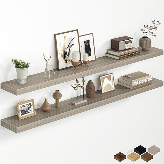Fun Memories 60 Inch Floating Shelves for Wall, 8 Inch Deep Wall Mounted Wood Shelves with Invisible Brackets for Bathroom, Bedroom & Kitchen Storage Decor, Grey, 2 Pack