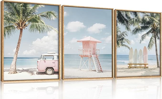 Beach Seascape Ocean Framed Canvas Wall Art Set,Modern Coastal Surfboard Palm Tree Wall Decor,Summer Pink Van Artwork for Living Room,Bedroom,Dining Room,Office -12"x16"x3