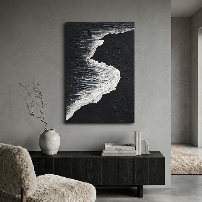 Abstract Black & White Ocean Wave Wall Art, Vertical Textured Oil Painting | Hand-Painted Modern Minimalist Artwork for Living Room Bedroom Office, Large Coastal Wall Decor Inspired by Shoreline Rhythm